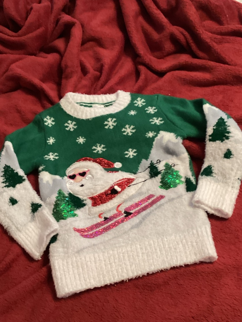 Holiday Time Girls Green and White Santa Ski Sweater with Glitter